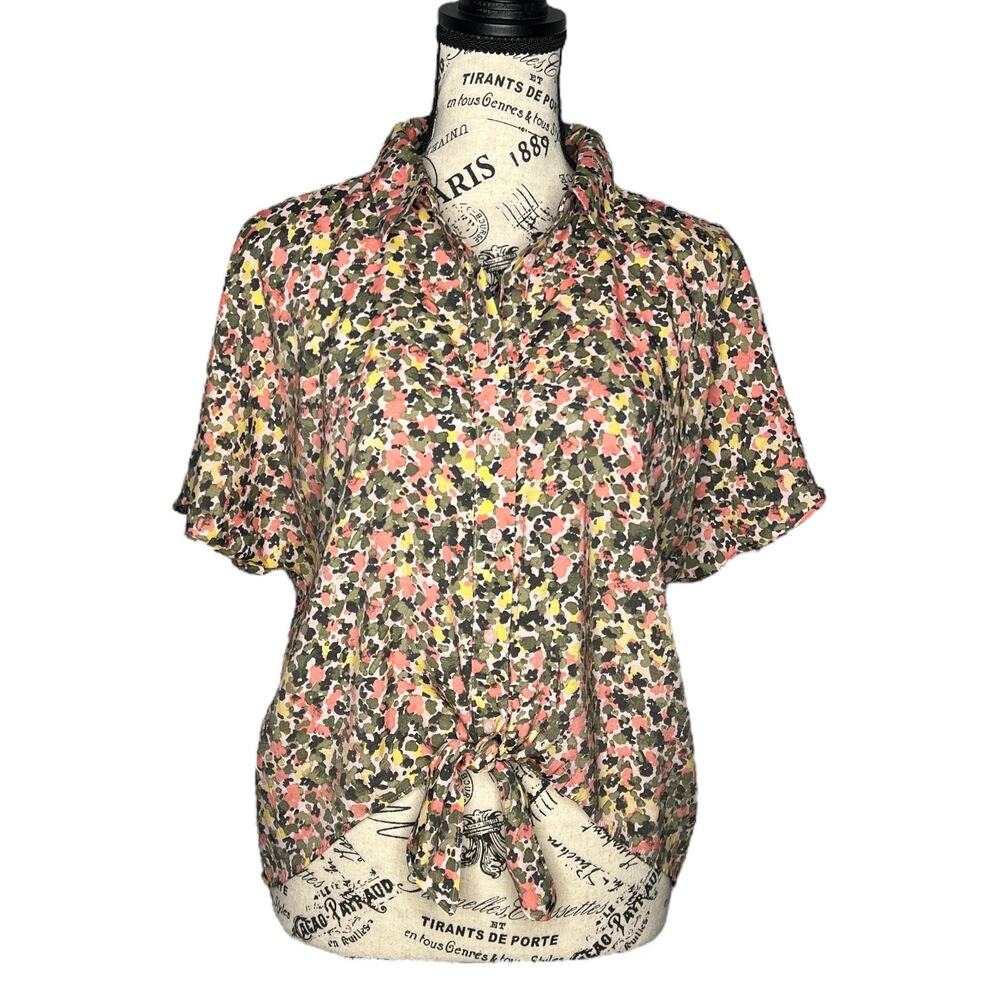 Nine West (M) Floral Button Up Front Tie Collared Short Sleeve Shirt Blouse Top